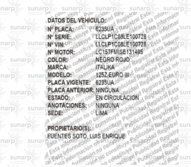 Datos de la moto lineal. Foto: Sunarp