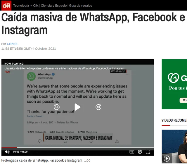 Las tres redes sociales Facebook e Instagram presentan fallas y un aumento pronunciado de reportes de problemas. Foto: captura de CNN