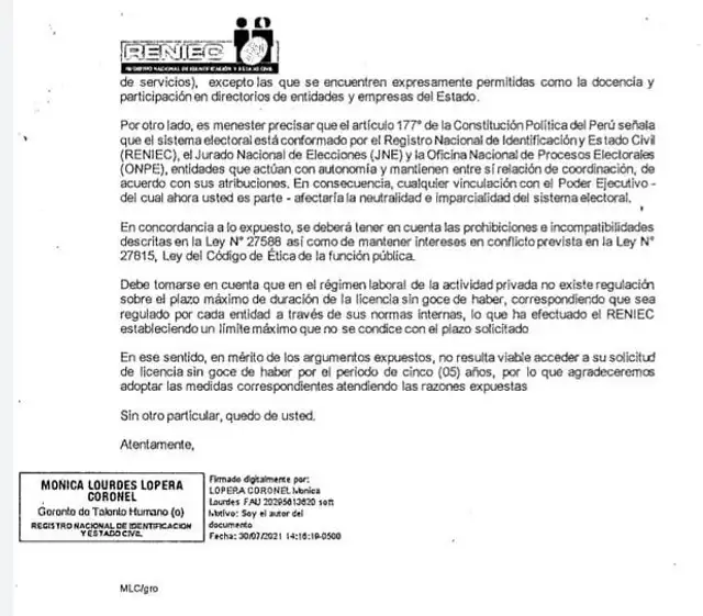 Cartas de Reniec enviadas a Dina Boluarte. Foto: difusión