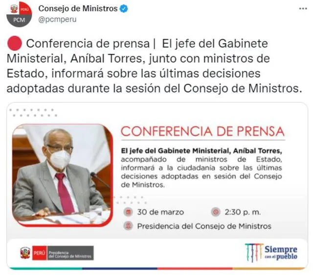 Presidencia de Consejo de Ministros brindará conferencia de prensa esta tarde. Foto: Captura Twitter