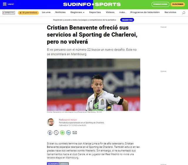 Publicación sobre Cristian Benavente. <strong>Foto: captura</strong> 