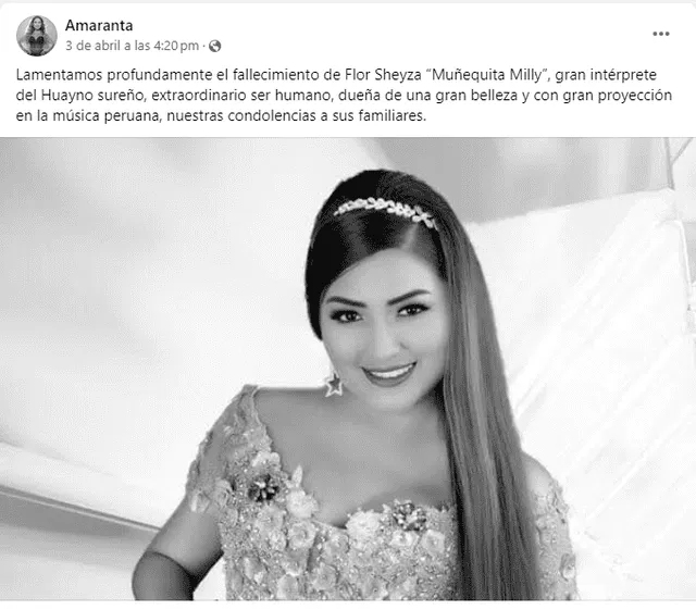 Amaranta lamentó la muerte de Flor Sheyza, conocida como Muñequita Milly. Foto: Facebook   