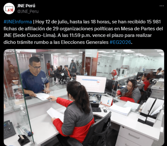 Hasta el 12 de julio existía el plazo para que los ciudadanos puedan afiliarse a las organizaciones políticas. Foto: Jurado Nacional de Elecciones- X.   