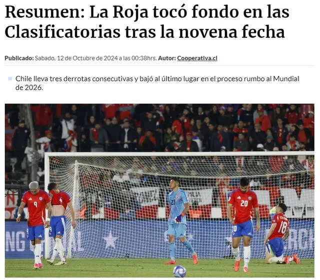 La prensa chilena resaltó el mal momento de su selección. Foto: captura de Cooperativa.cl   