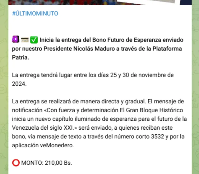 El Segundo Bono Especial de este mes llegó con el nuevo monto de 210 bolívares. Foto: Canal Patria Digital/ Telegram