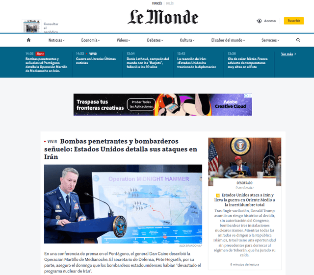 El medio Le Monde mostró en su portada el ataque de EE.UU a Irán. Foto: composición LR/ Le Monde El medio Le Monde mostró en su portada el ataque de EE.UU a Irán. Foto: composición LR/ Le Monde
