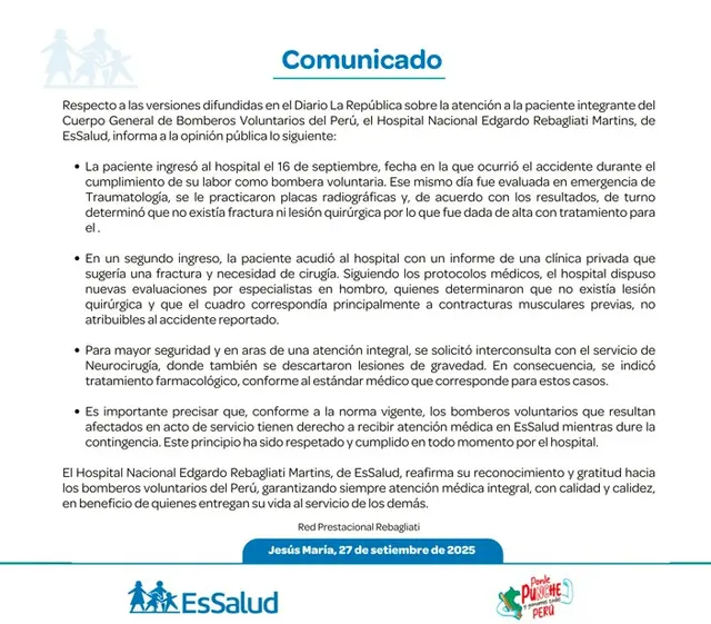 Comunicado del Hospital Nacional Edgardo Rebagliati Martins.    