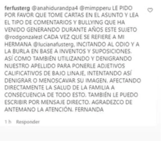 La joven Fernanda Fuster arremetió contra Rodrigo González y pidió la intervención del Ministerio de la Mujer. Foto: Captura / Instagram.
