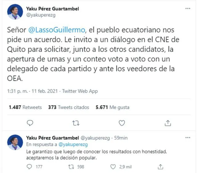 En un hilo Yaku Pérez extendió su llamado a Guillermo Lasso. Foto: captura de Twitter