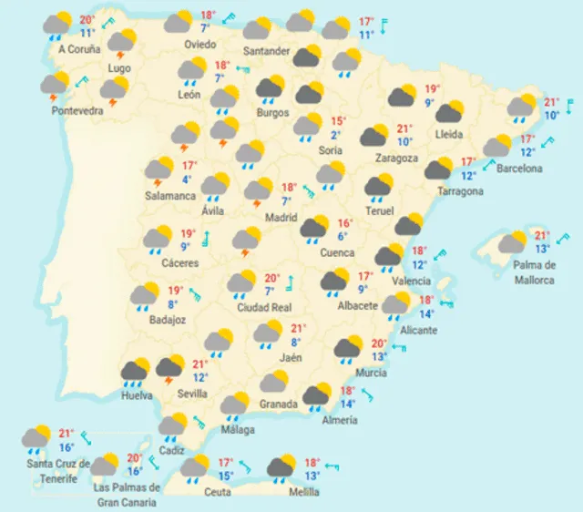Mapa del tiempo en España hoy, martes 14 de abril de 2020.