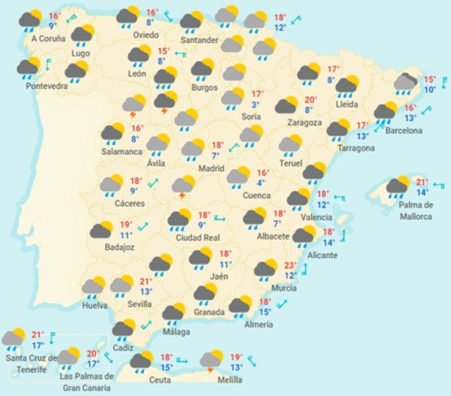 Mapa del tiempo en España hoy, lunes 13 de abril de 2020.