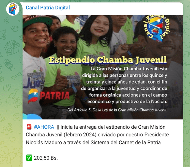 El Bono Chamba Juvenil llegó el 20 de febrero. Foto: Canal Patria Digital/Telegram
