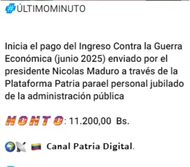 Anuncio del Bono de Guerra de junio 2025 para jubilados. Foto: Canal Patria Digital Anuncio del Bono de Guerra de junio 2025 para jubilados. Foto: Canal Patria Digital