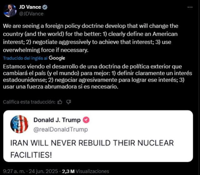 Publicación de JD Vance en X. Publicación de JD Vance en X.