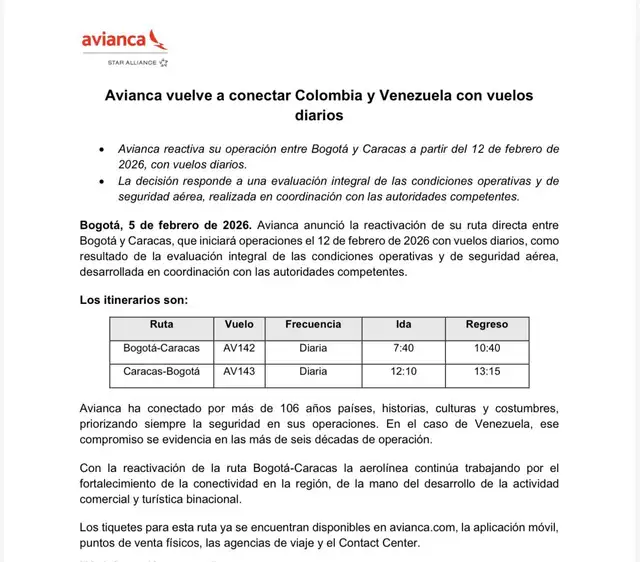 Avianca retoma vuelos comerciales a Caracas desde las 7.40 a. m., hora local.