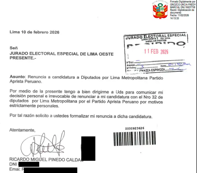  Renuncia de Ricardo Pinedo Caldas ante el JEE Lima Oeste 3. 