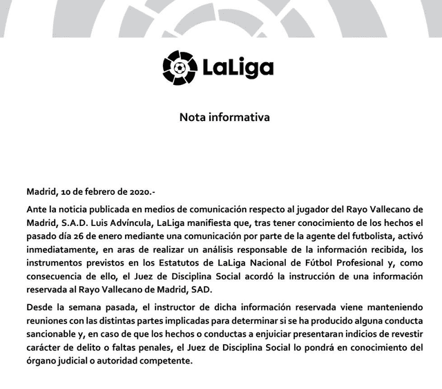 Comunicado de LaLiga por el caso de Luis Advíncula.