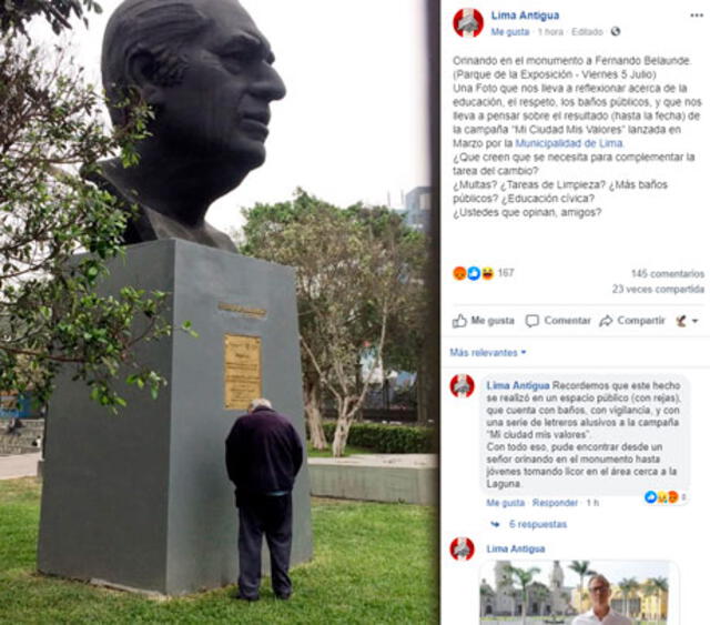 Hombre orinó en monumento del expresidente Fernando Belaunde Terry. Créditos: Lima Antigua.