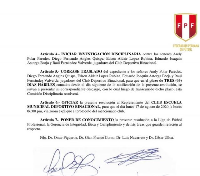 Parte final del comunicado emitido por la Federación Peruana de Fútbol