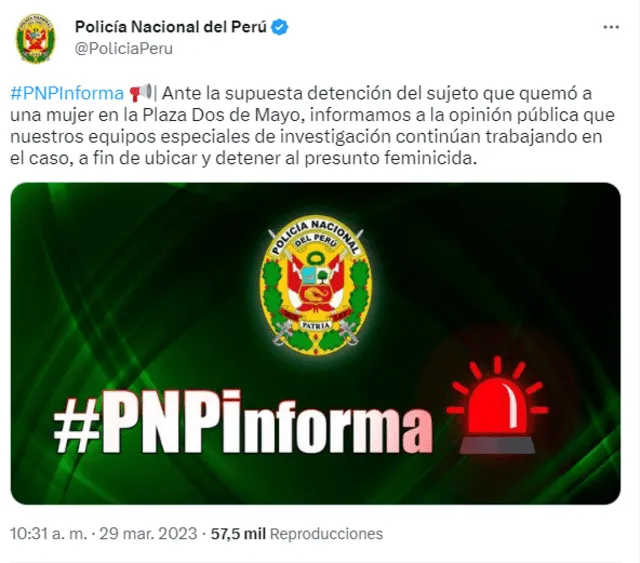  Comunicado del 29 de marzo de 2023 de la PNP en Twitter. Foto: captura en Twitter / PNP.   