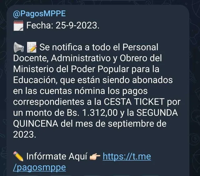 La segunda quincena se pagó el 25 de septiembre. Foto: Pagos MPPE/Telegram