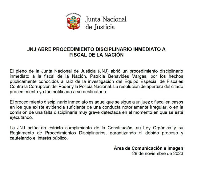  Comunicado de la JNJ. Foto: JNJ    