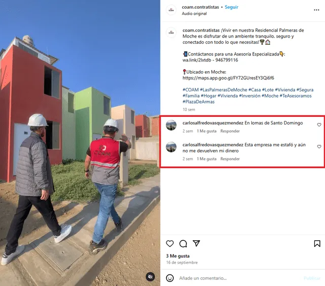  Comentarios de Instagram en la cuenta oficial de Coam Contratistas S. A. C. Foto: captura de pantalla/Coam Contratistas/Instagram   