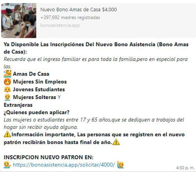 Post sobre el supuesto bono para amas de casa. Foto: captura en Whatsapp. Post sobre el supuesto bono para amas de casa. Foto: captura en Whatsapp.