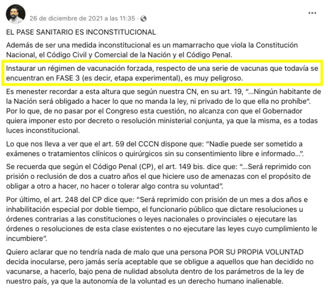 Publicación compartida en Facebook donde, además de mencionar que las vacunas en fase experimental serían peligrosas, se afirma que la presentación de un pase sanitario sería inconstitucional. Fuente: Captura LR Facebook.