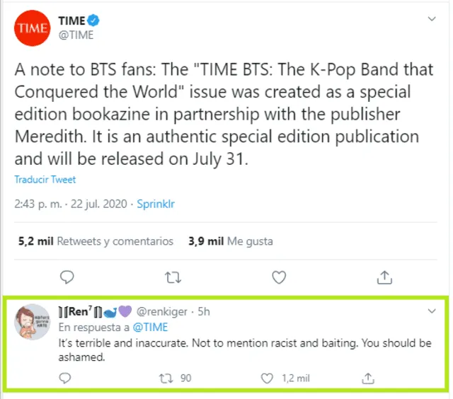 Post de TIME sobre su edición especial dedicada a BTS. Un ARMY responde llamándola 'racista'. Crédito: captura Twitter.