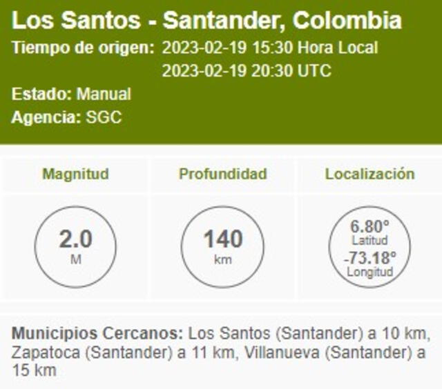 Último sismo en Colombia. Foto: Servicio Geológico Colombiano   