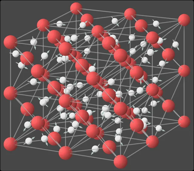  Estructura de las moléculas de oxígeno e hidrógeno del hielo superiónico. Las rojas son las de oxígeno y las blancas las de hidrógeno. Foto: Wikicommon   