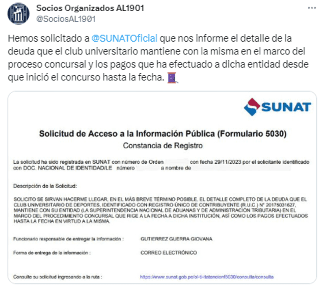 Publicacin de los socios de Alianza Lima sobre deuda de Universitario.<strong> Foto: captura</strong> 
