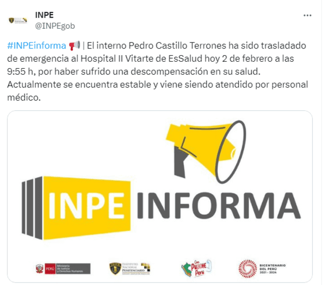 Comunicado del Instituto Nacional Penitenciario sobre lo sucedido con Pedro Castillo. Foto: INPE