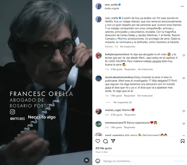  El español se pronunció a través de su cuenta oficial de Instagram. Foto: captura de Instagram/francesc orella   