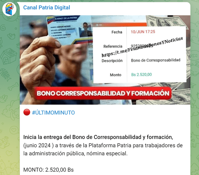 El Bono de Corresponsabilidad y Formación llegó el 10 de junio. Foto: Canal Patria Digital/Telegram