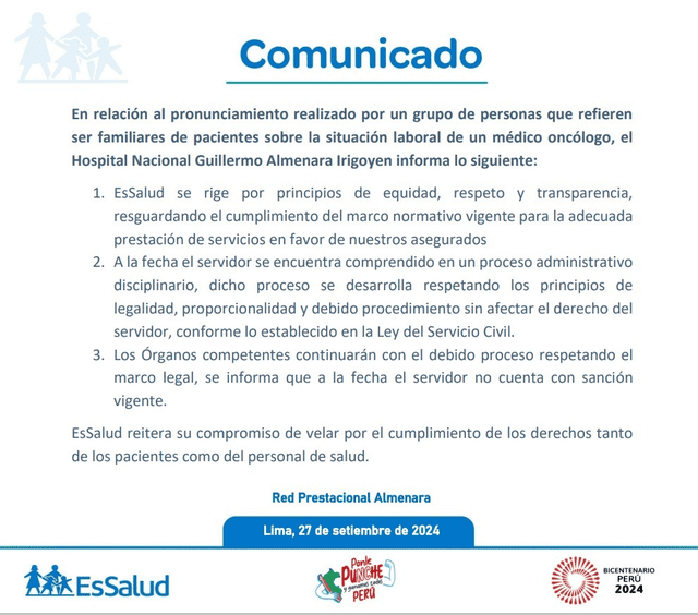 Este fue el comunicado que emitió EsSalud sobre las denuncias. Foto: EsSalud   