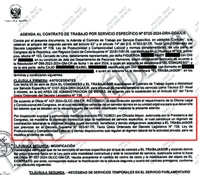  Adenda del contrato de Isabel Cajo con las modificaciones aprobadas por la presidencia de Alejandro Soto. | Foto: La República.   