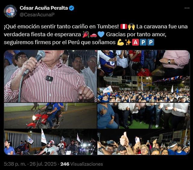  Acuña publicitó su visita a Tumbes en redes sociales | Foto: X-CesarAcunaP    