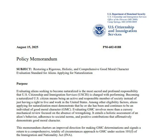  Así es el inicio del memo de USCIS que complica la evaluación de 'buen carácter moral'. Foto: USCIS   