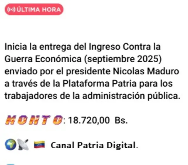 Anuncio del Bono de Guerra para trabajadores públicos de septiembre 2025. Foto: Canal Patria Digital   