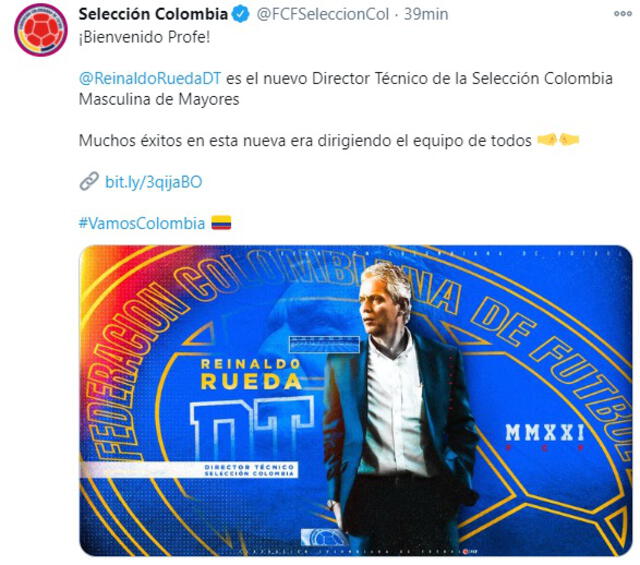 Colombia oficializa a Reinaldo Rueda como su nuevo técnico. Foto: Twitter