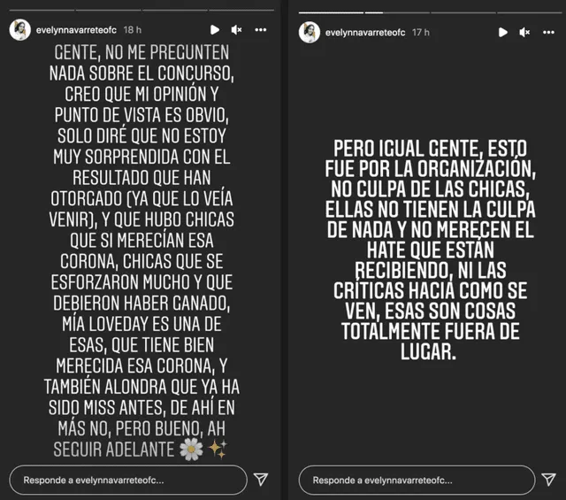 Evelyn Navarrete pide no realizar comentarios de odio hacia las ganadoras del Miss Perú La Pre.