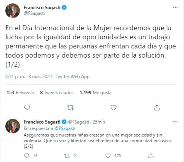 Mensaje de Francisco Sagasti por el Día de la Mujer a través de Twitter.