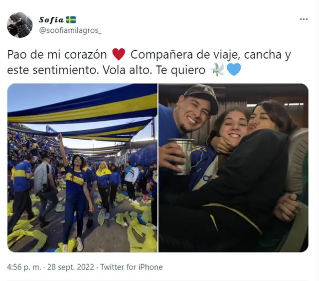 Mensaje de una de las hinchas compañera de Paola Fleitas. Foto: captura de @soofiamligaros/Twitter