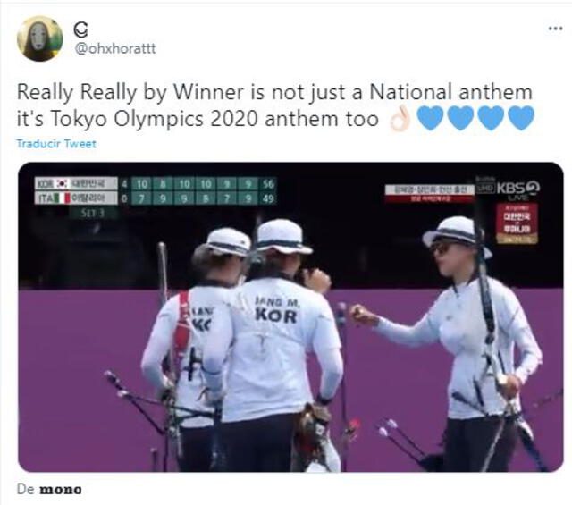 "Really Really" de Winner fue la canción de victoria de Corea del Sur en cuartos de final de tiro con arco. Foto: captura Twitter