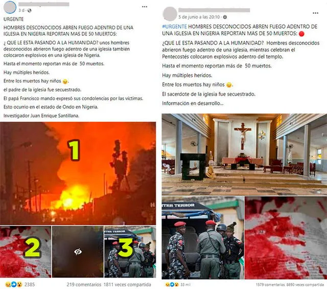 Publicaciones vinculadas al atentado contra una iglesia en Nigeria. Foto: captura en Facebook.