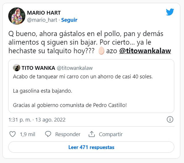 13.8.2022 | Tuits entre Mario Hart y Tito Wanka. Foto: captura Twitter