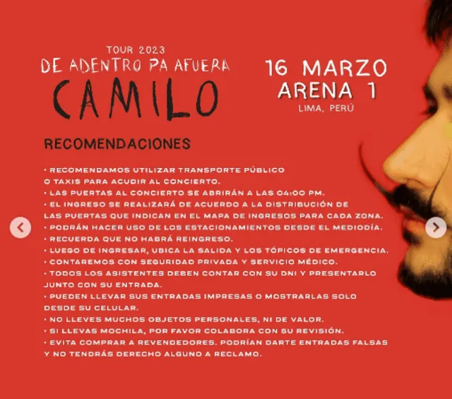 Recomendaciones para el espectáculo de Camilo. Foto: Masterlive Perú<br>   