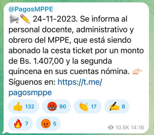  La segunda quincena del Ministerio de Educación se pagó el 24 de noviembre. Foto: Pagos MPPE/Telegram    